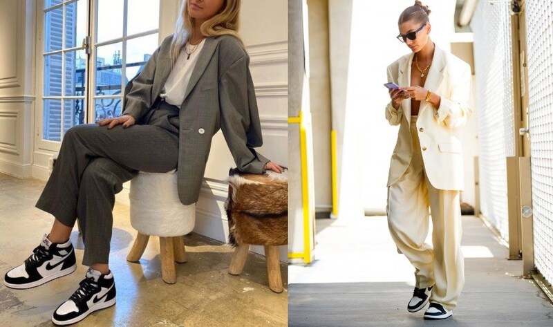Quần tây + áo blazer và giày jordan rất phù hợp với nàng công sở